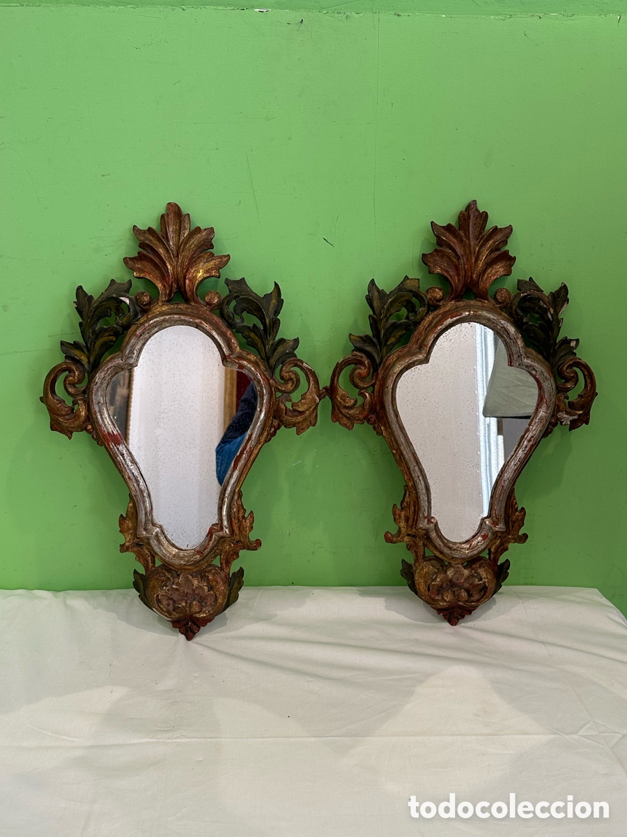 Antig&uuml;edades: Pareja de espejos antiguos madera tallada estilo barroco dorado decoraci&oacute;n cl&aacute;sica