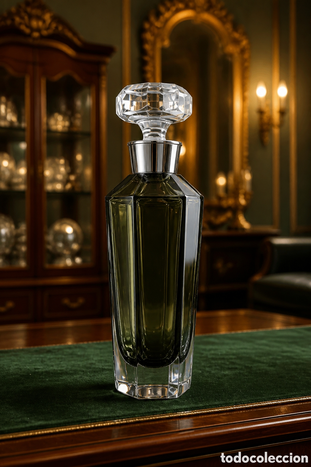 Antig&uuml;edades: PRECIOSA LICORERA DE CRISTAL TALLADO AHUMADO EN COLOR VERDE CON BOCA DE PLATA
