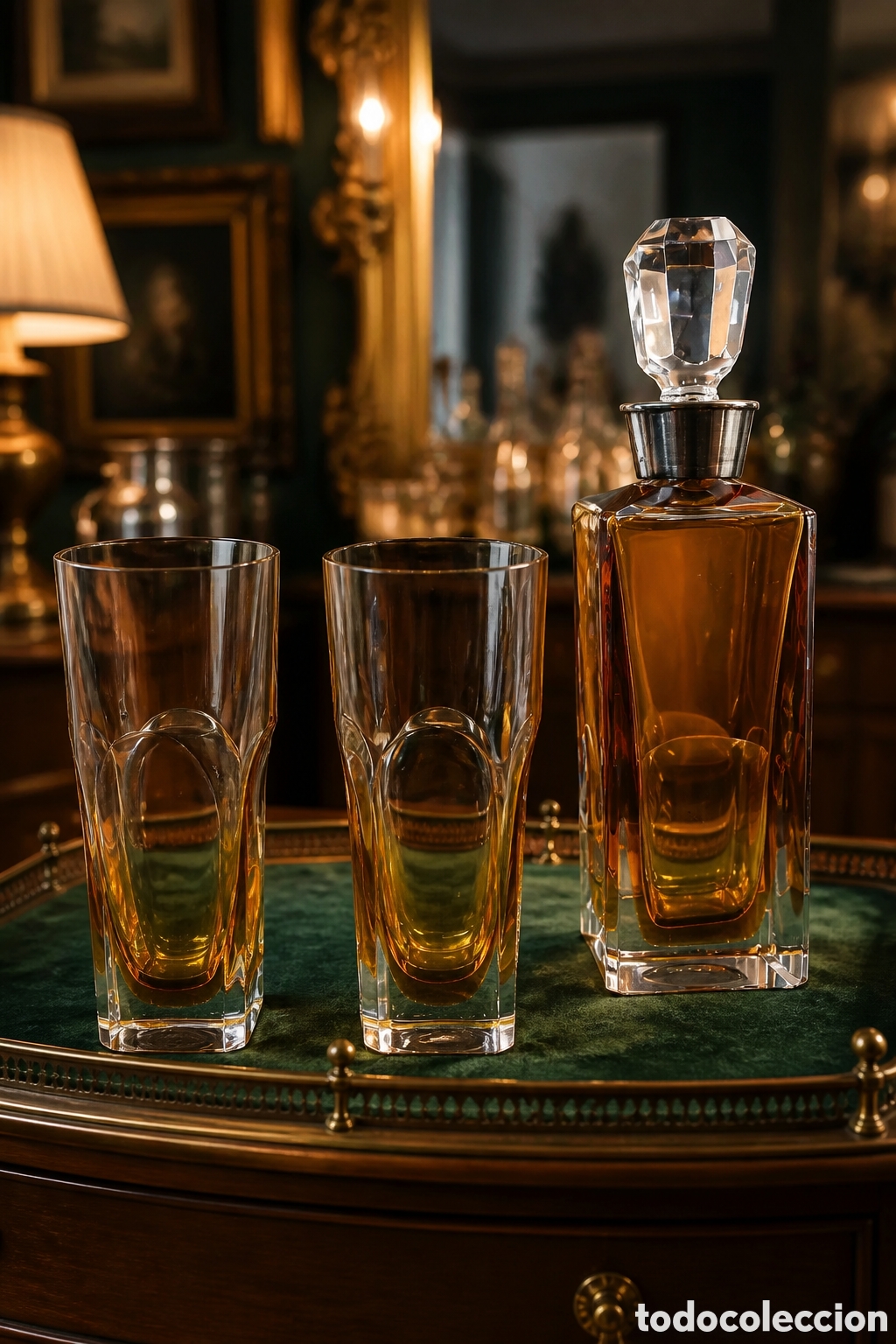 Antig&uuml;edades: ELEGANTE CONJUNTO LICORERA CON 2 VASOS CRISTAL TALLADO AHUMADO COLOR &Aacute;MBAR CON BOCA DE PLATA