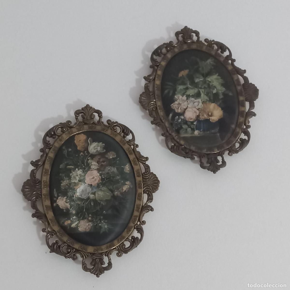 Antig&uuml;edades: Pareja Medallones Italianos Seda y Lat&oacute;n - Vintage