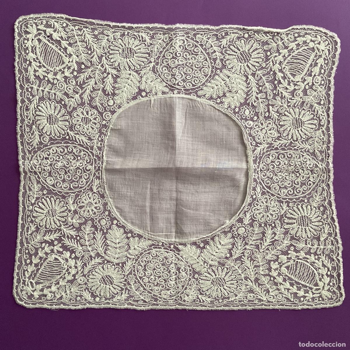 Antig&uuml;edades: Pa&ntilde;uelo antiguo encaje irlandes de tambour tulle bordado 41 cm algodon blanco