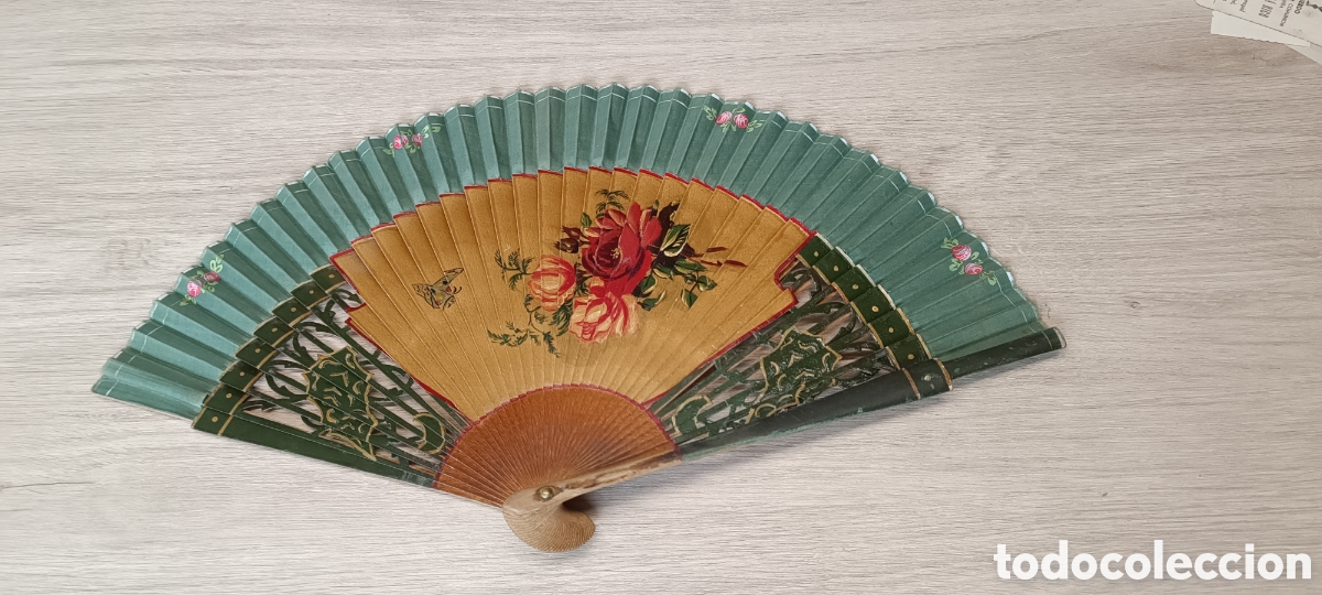 Antiquit&auml;ten: Abanico antiguo de madera pintada a mano motivos florales