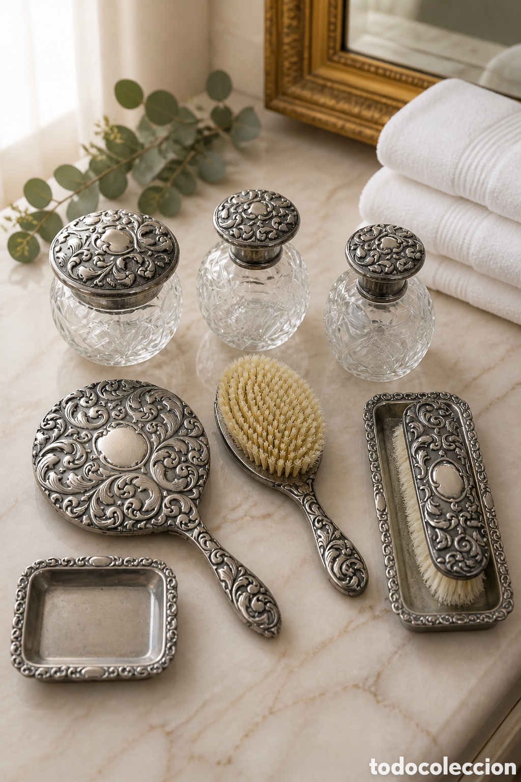 Antig&uuml;edades: ANTIGUO TOCADOR BA&Ntilde;O PLATA 8 PIEZAS