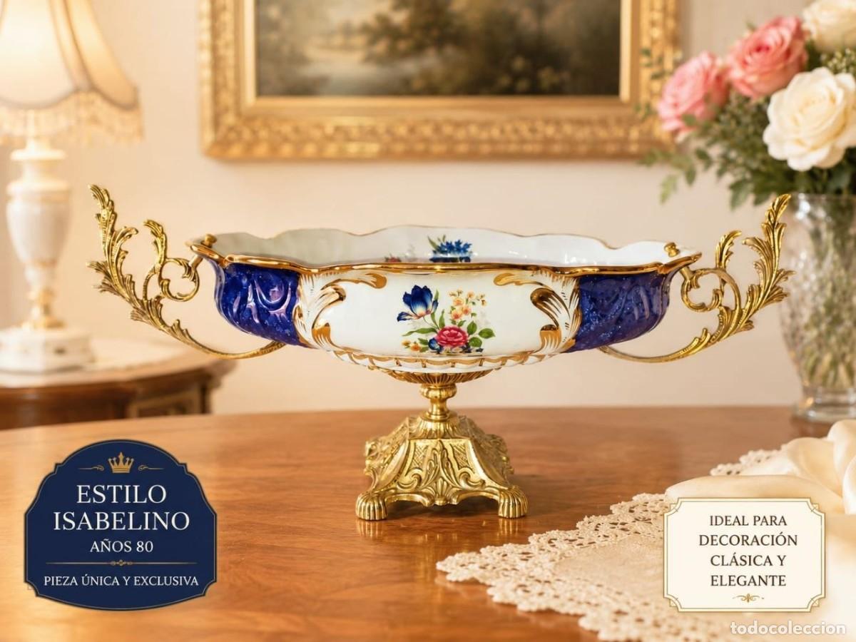 Antig&uuml;edades: ✨CENTRO DE MESA VINTAGE ESTILO ISABELINO/ROCOC&Oacute; BRONCE PORCELANA AZUL COBALTO A&Ntilde;OS 80✨