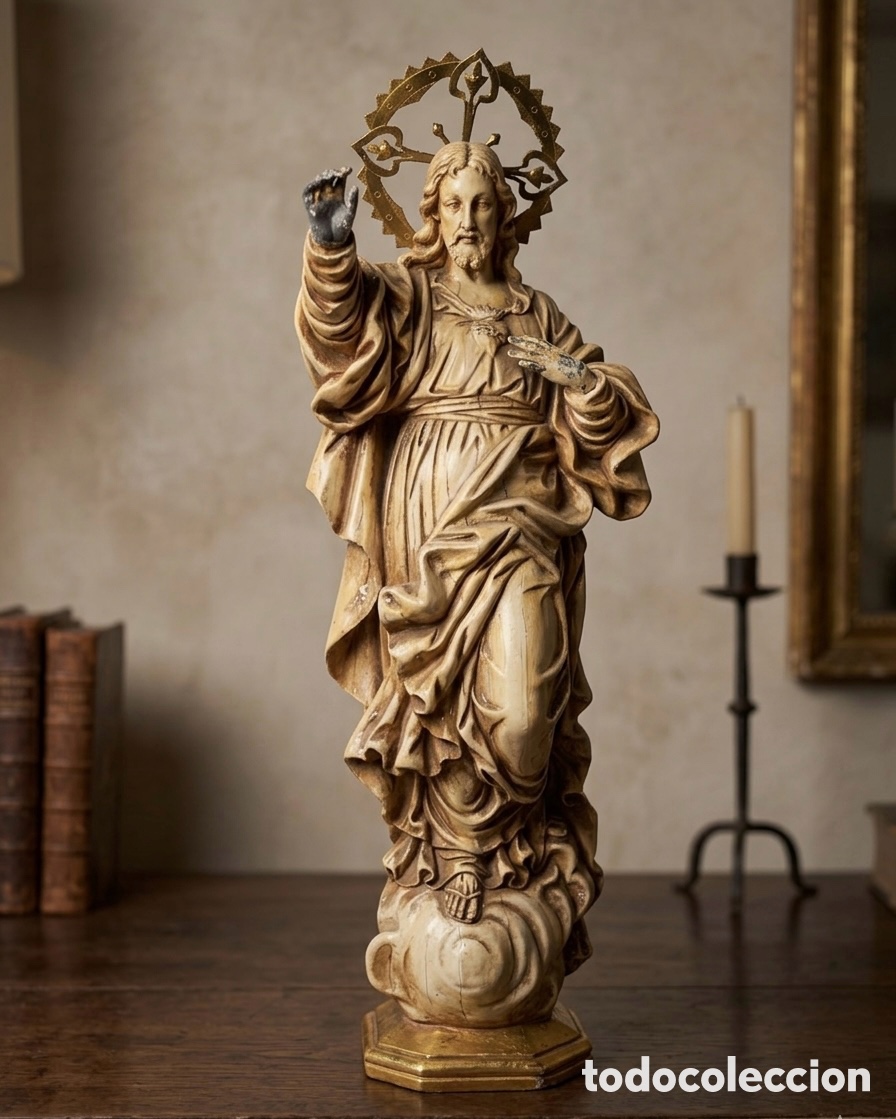 Antig&uuml;edades: Sagrado Coraz&oacute;n con manos de plomo - altura 42 cm