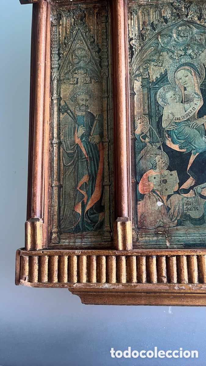 Antig&uuml;edades: Cuadro tr&iacute;ptico retablo religioso de madera - Foto 3