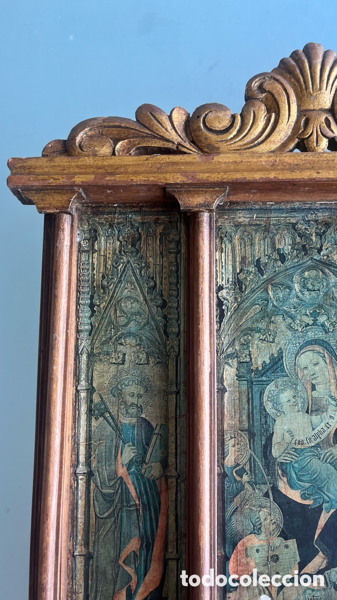 Antig&uuml;edades: Cuadro tr&iacute;ptico retablo religioso de madera - Foto 4