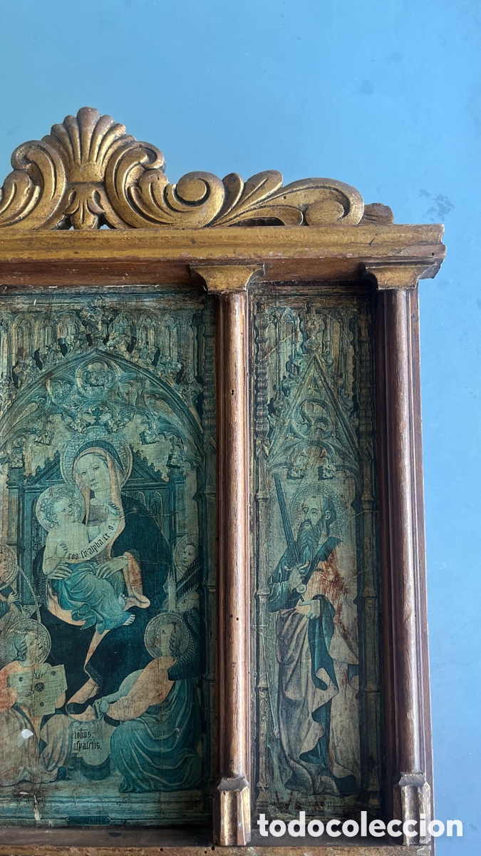Antig&uuml;edades: Cuadro tr&iacute;ptico retablo religioso de madera - Foto 5