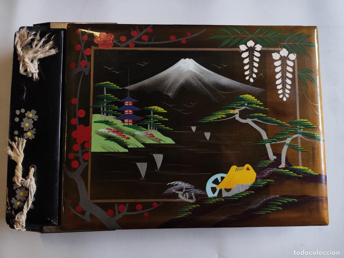 Antig&uuml;edades: ALBUM PARA FOTOS Y CAJA DE MUSICA JAPONES A&Ntilde;OS 50 MADERA TIPO LACADA PINTADA A MANO