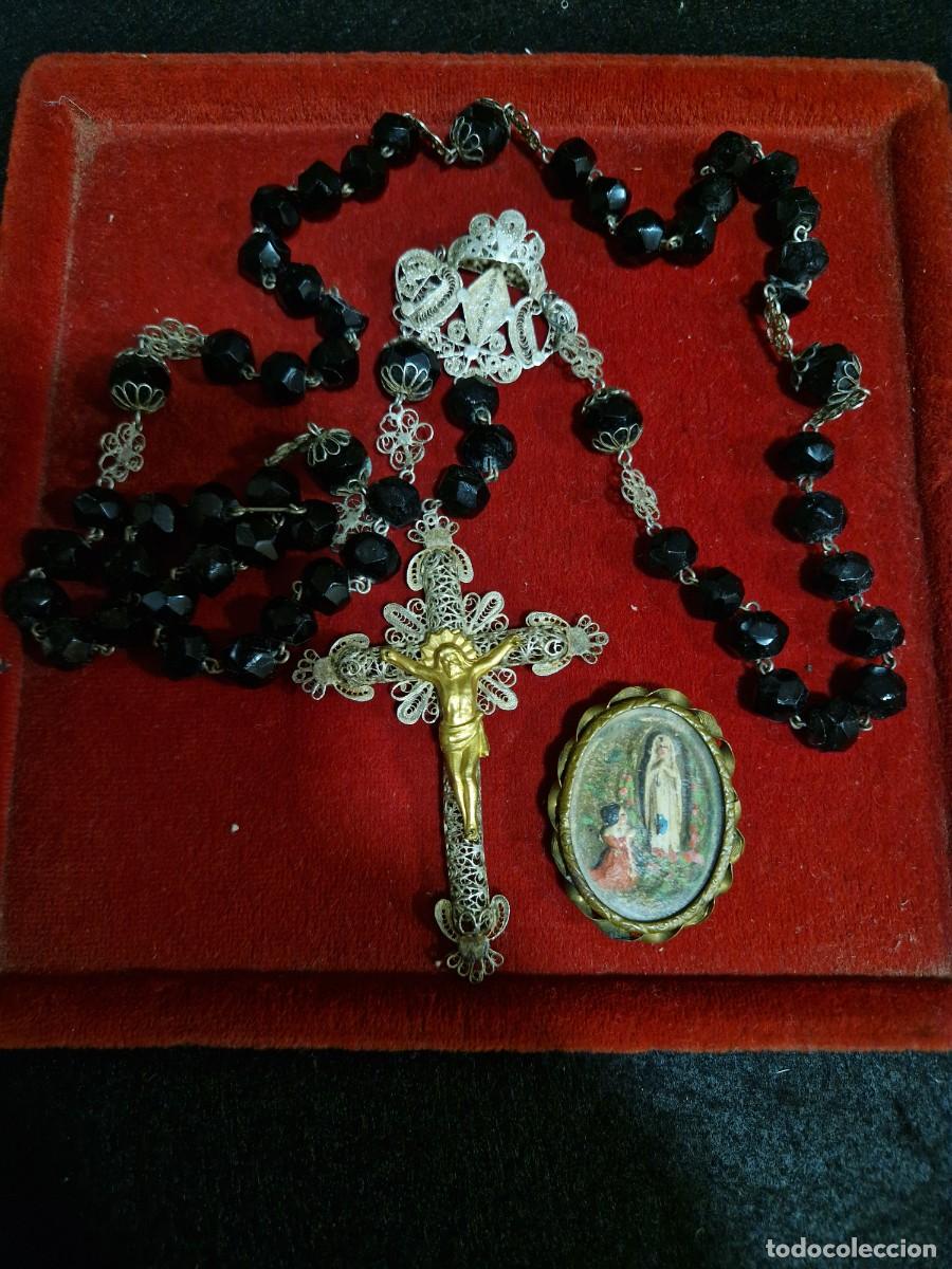 Oggetti Antichi: Rosario de plata y azabache mas relicario lurdes.