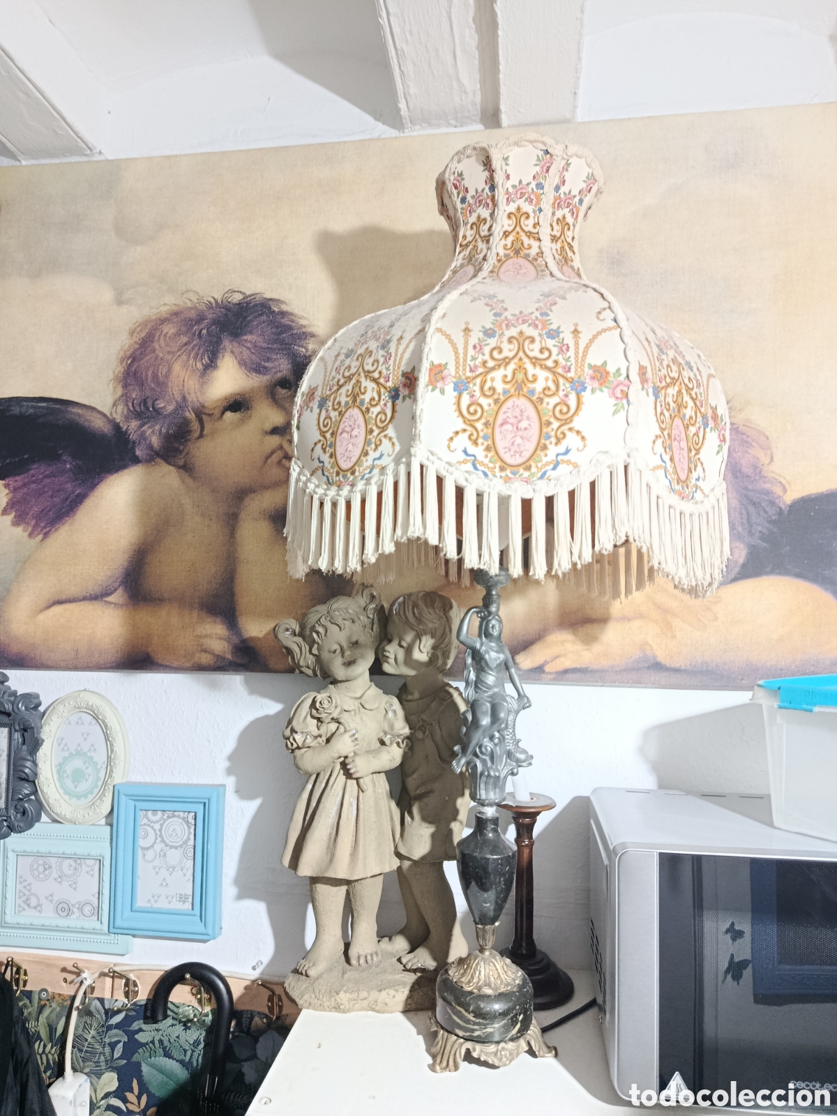 Antig&uuml;edades: Lampara de mesita de noche antigua en hierro y marmol,.......