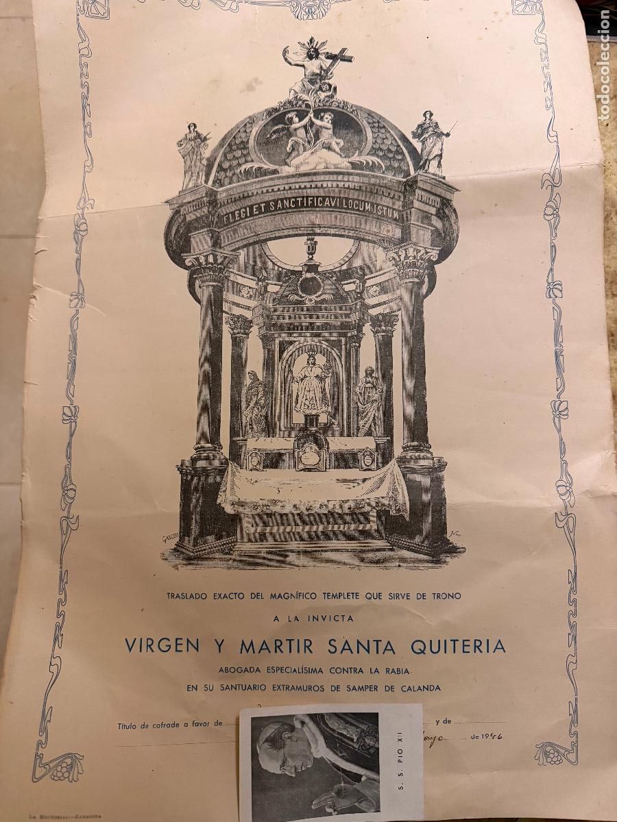 Antig&uuml;edades: T&iacute;tulo cofrade Santa Quiteria 1946