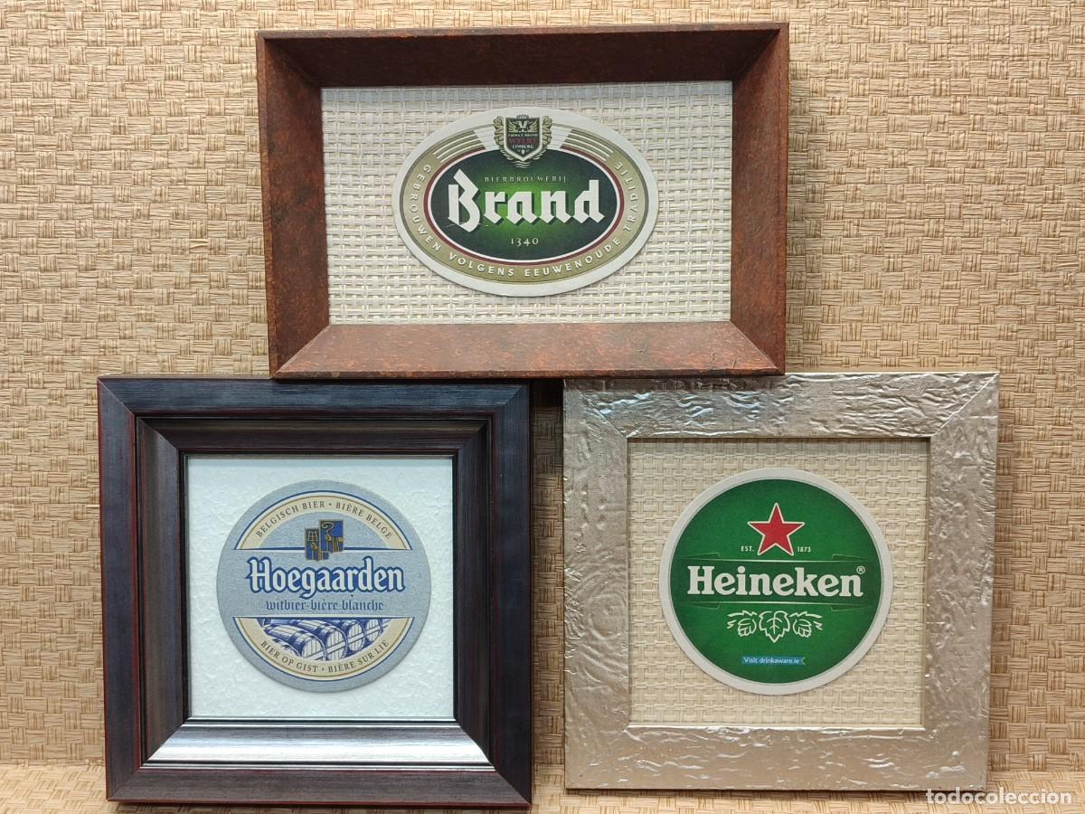 Antig&uuml;edades: Posavasos cerveza alemana, Brand, Heineken y Hoegaarden, lote 3 cuadritos.