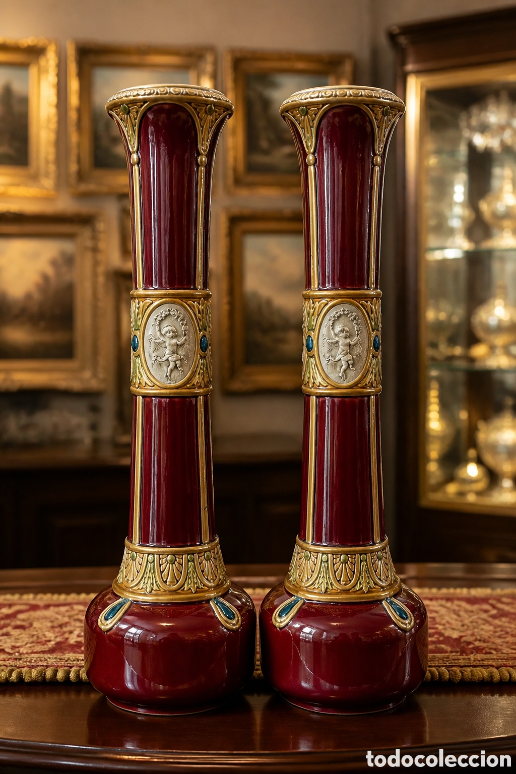 Antig&uuml;edades: MAGN&Iacute;FICA PAREJA DE JARRONES ANTIGUOS PORCELANA FRANCESA DE CUELLO ALTO COLOR BURDEOS INTENSO CON...