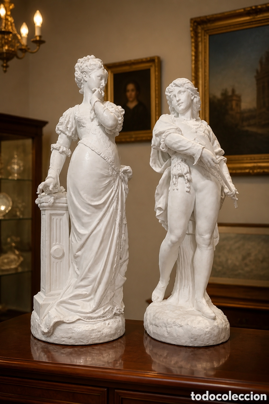Antig&uuml;edades: ESPECTACULAR PAREJA M&Uacute;SICOS, GRAN TAMA&Ntilde;O PORCELANA BISCUIT SIGLO XX. 65CM.ALTO.