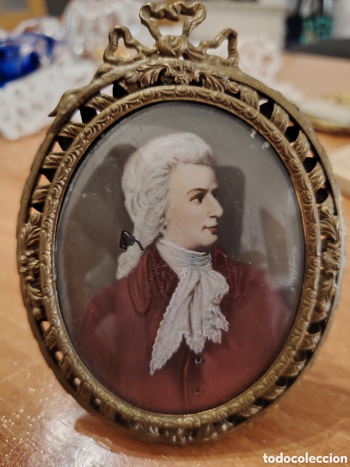 Antig&uuml;edades: Antiguo &oacute;leo en miniatura y marco en laton dorado, &eacute;poca napole&oacute;n III. firmado.