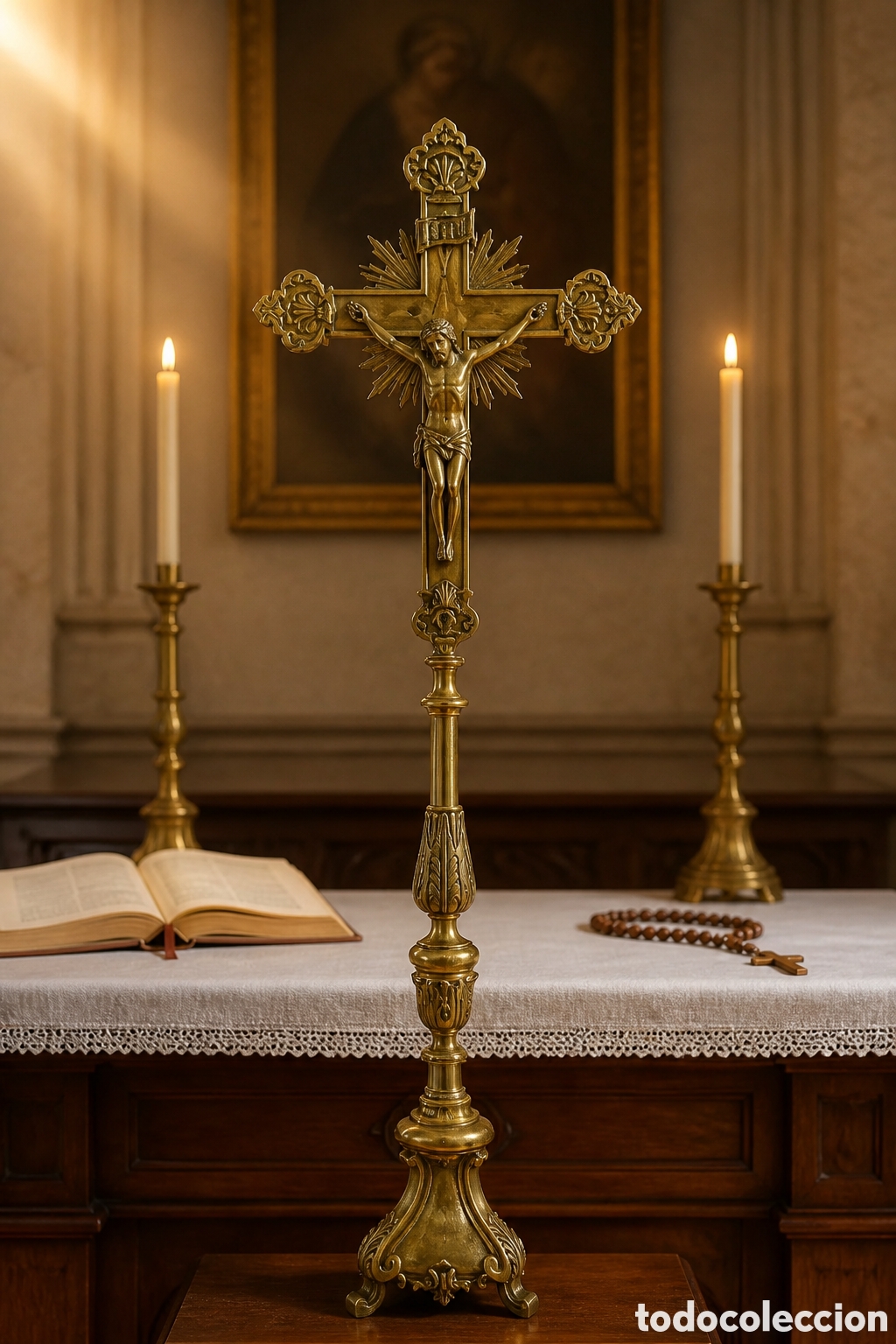Antig&uuml;edades: ESPECTACULAR CRUCIFIJO DE ALTAR REALIZADO EN BRONCE DORADO 135CM. ALTO