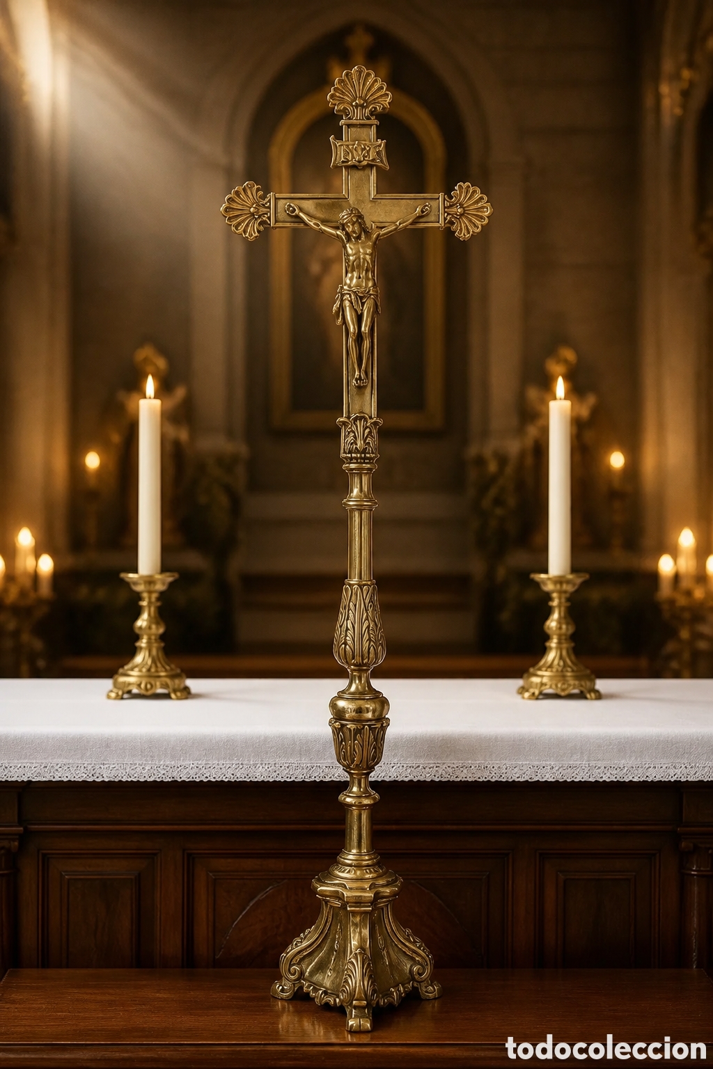 Antig&uuml;edades: ESPECTACULAR CRUCIFIJO DE ALTAR REALIZADO EN BRONCE DORADO 126CM. ALTO