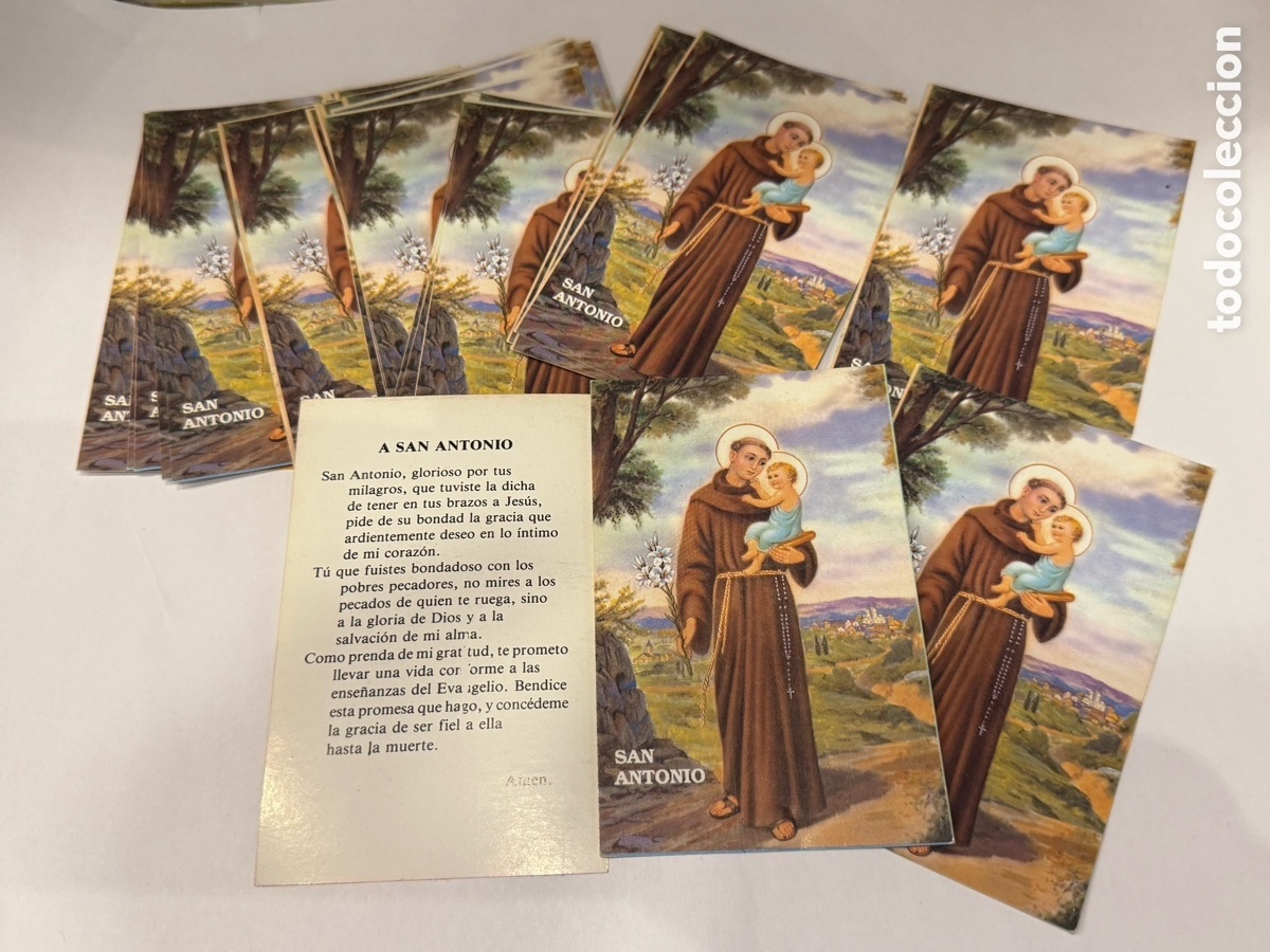 Antig&uuml;edades: San Antonio, lote de 34 estampas con oraci&oacute;n en el reverso.