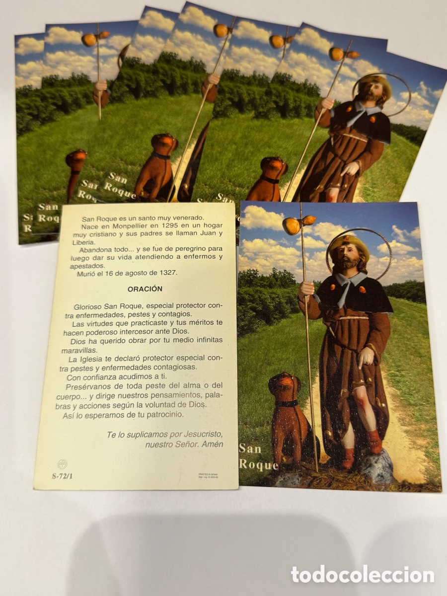 Antig&uuml;edades: San Roque, lote de 8 estampas con oraci&oacute;n en el reverso