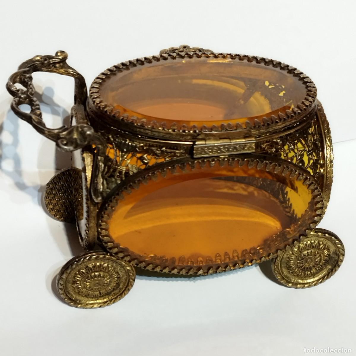 Antig&uuml;edades: ALHAJERO / JOYERO DISE&Ntilde;O EN FORMA DE CARRITO CAMARERA - CRISTAL BISELADO COLOR NARANJA -