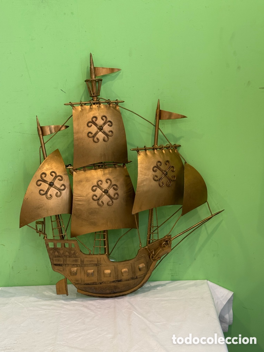 Antig&uuml;edades: Antigua l&aacute;mpara aplique barco gale&oacute;n espa&ntilde;ol 5 luces hierro forjado grabado Made in Spain