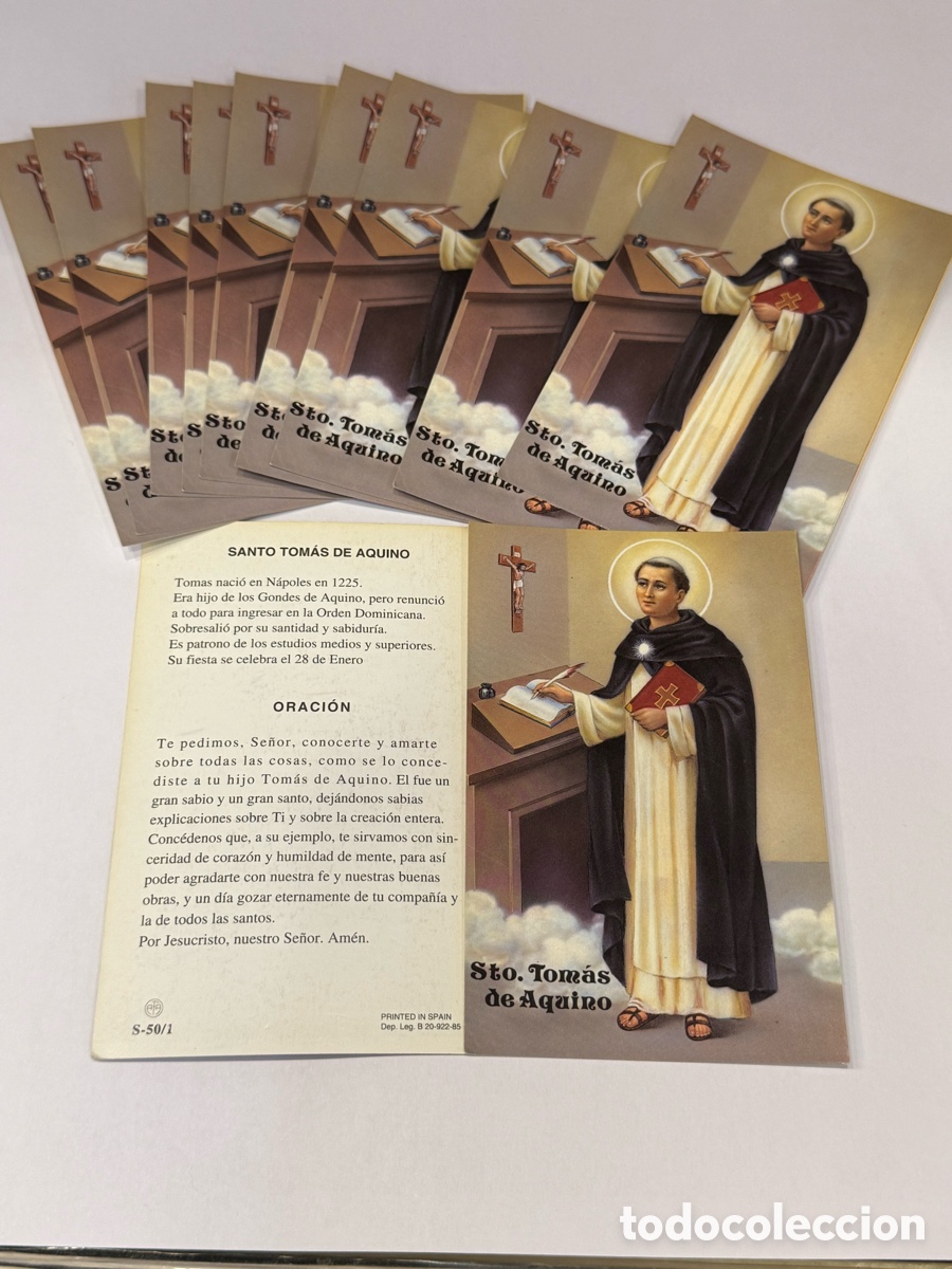 Antig&uuml;edades: Santo Tom&aacute;s de aquino, lote de 11 estampas con oraci&oacute;n en el reverso.