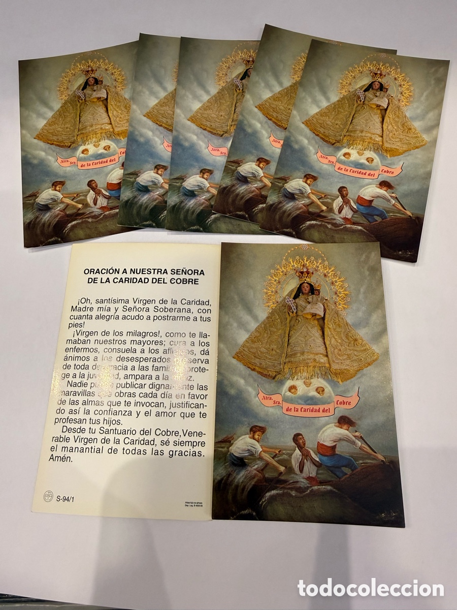 Antig&uuml;edades: Nuestra seńora de la caridad del cobre, lote de 7 estampas con oraci&oacute;n en reverso.