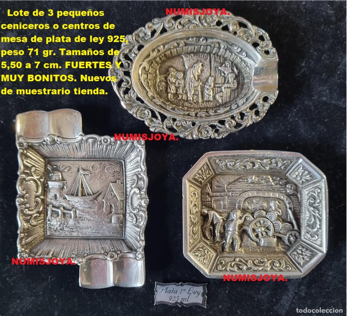 Antig&uuml;edades: VINTAGE lote de 3 Peque&ntilde;os ceniceros o centros de Mesa PLATA MACIZA de 925 mm. Peso total 71 gr.