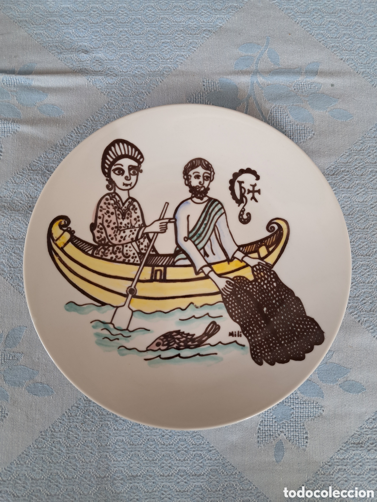 Antig&uuml;edades: Plato Antiguo Cer&aacute;mica Atala Pintado a mano 25 cm