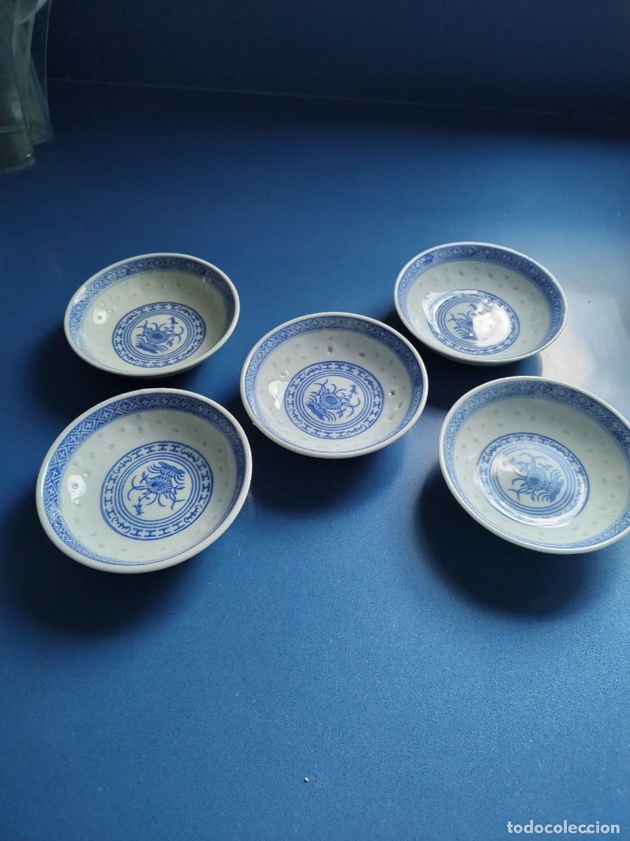 Antig&uuml;edades: Lote 5 cuencos chinos Zhongguo Jingdezhen vintage, Linglong, 10 cm &Oslash; x 3 cm