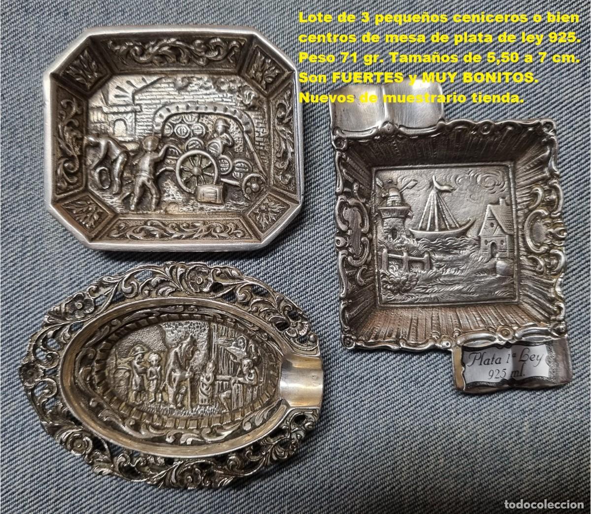 Antig&uuml;edades: VINTAGE lote de 3 Peque&ntilde;os ceniceros o centros de Mesa PLATA MACIZA de 925 mm. Peso total 71 gr.