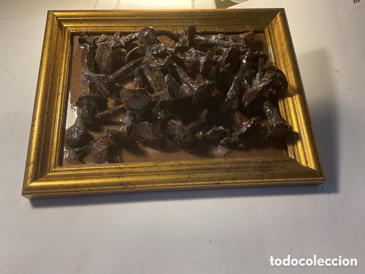 Antig&uuml;edades: Clavos de hierro antiguos enmarcados.
