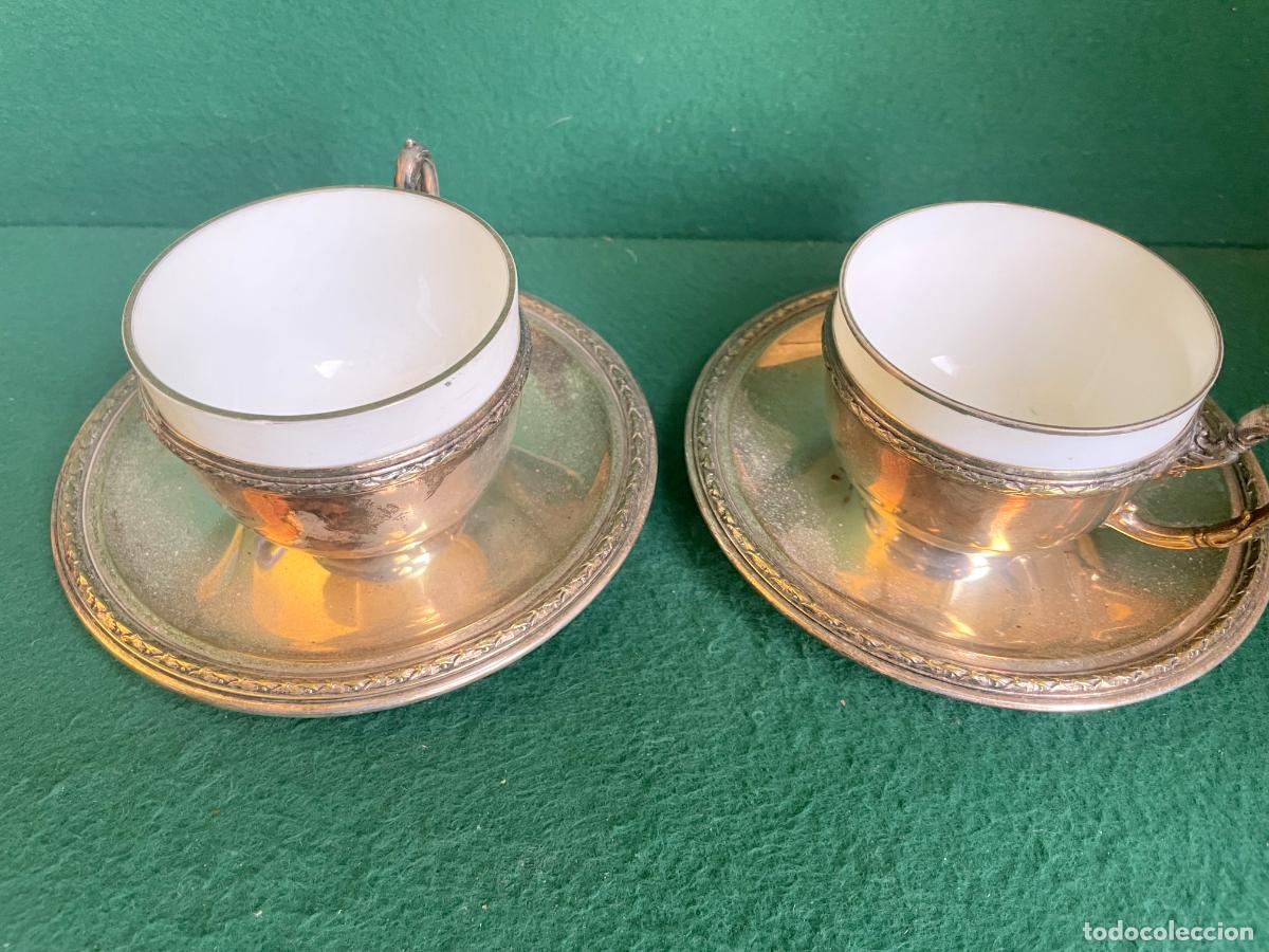 Antig&uuml;edades: 2 SERVICIOS CAF&Eacute; VICTORIANO TAZA + CACILLO PORCELANA + PLATO - ALPACA PLATEADA - MUY BUEN ESTADO