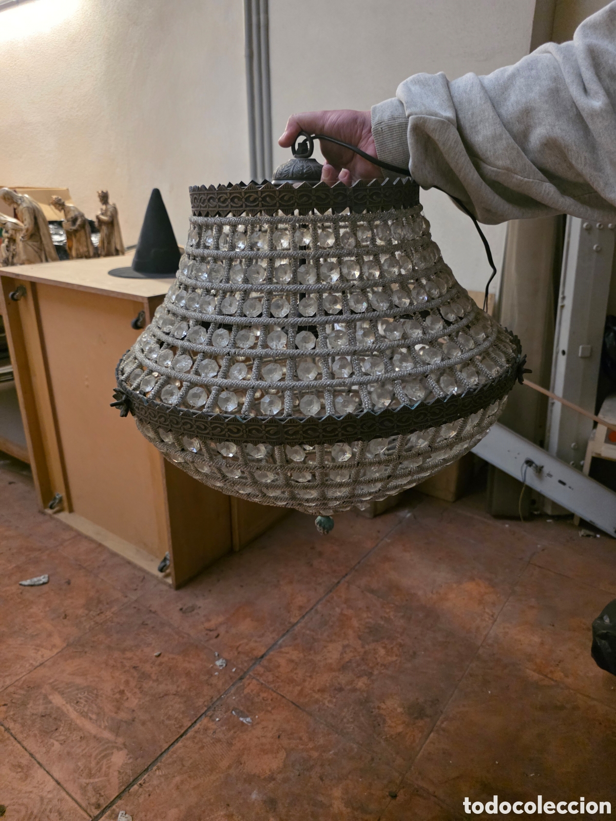 Antig&uuml;edades: L&aacute;mpara de Techo Estilo Imperio &rdquo;Cesto&rdquo; - Cristal y Bronce - Vintage