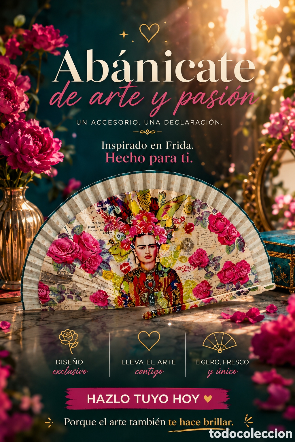 Antig&uuml;edades: Abanico de madera Frida Kahlo.