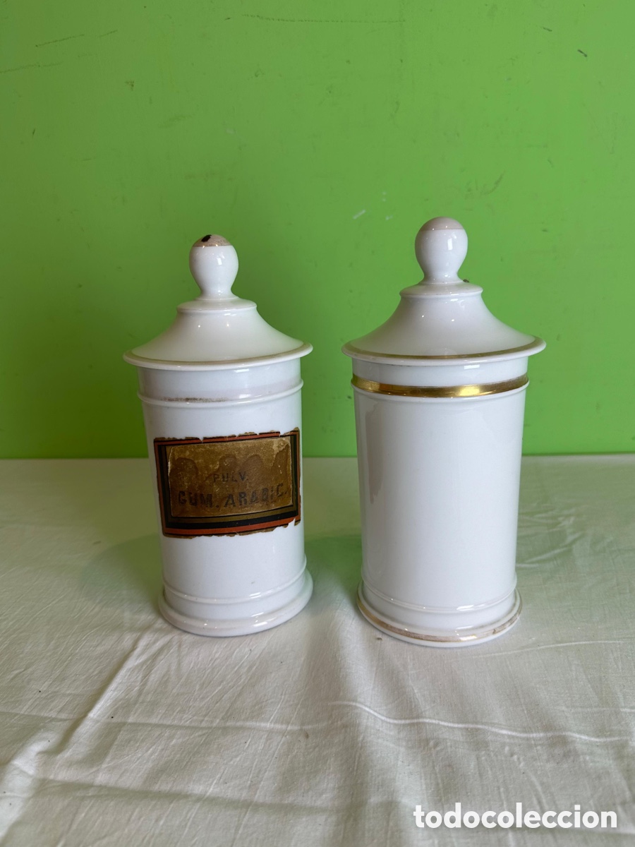 Antig&uuml;edades: Pareja de albarelos farmacia porcelana opalina Barcelona Gum Arabic botica antigua siglo XIX