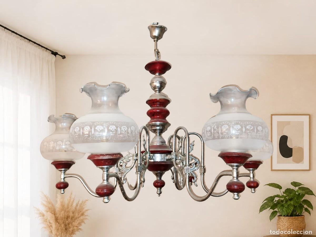 Antig&uuml;edades: ANTIGUA Y VINTAGE L&Aacute;MPARA DE TECHO EN METAL Y 6 TULIPAS DE CRISTAL SEMI OPACO