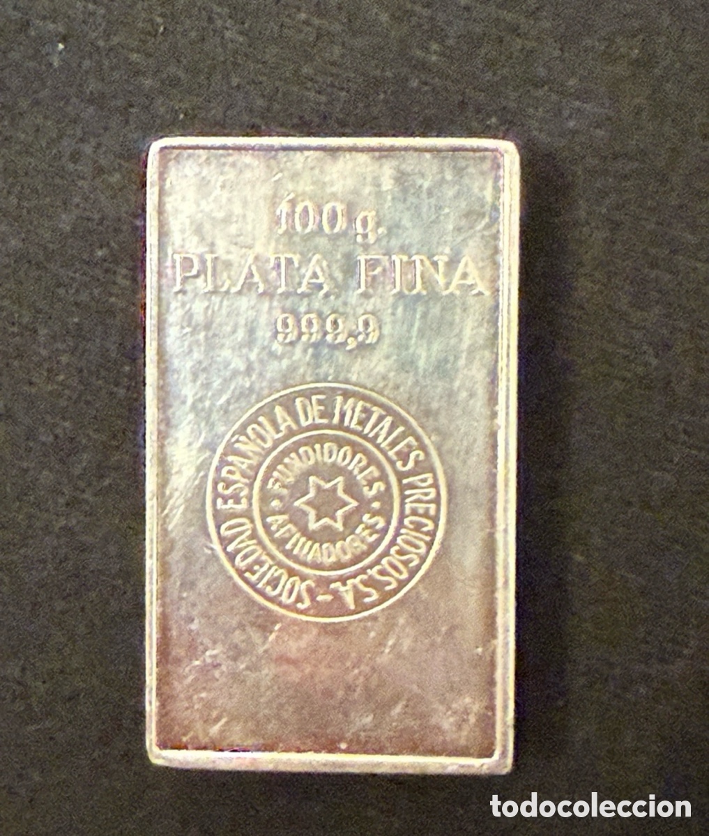 Antiques: Lingote de plata fina 100 gramos 999 mil&eacute;simas Afinadores Unidos Espa&ntilde;a metales preciosos