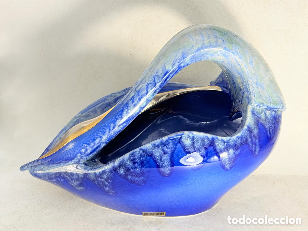 Antiquit&eacute;s: Gran Centro de Mesa Cisne Pintado Oro y Platino. Cer&aacute;mica Galos