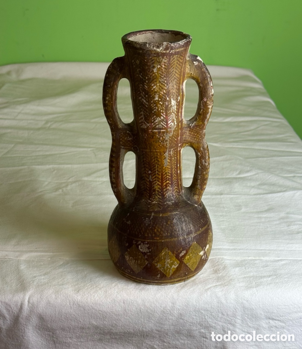 Antiques: Curioso jarr&oacute;n cer&aacute;mica popular pintado a mano doble asa siglo XVIII