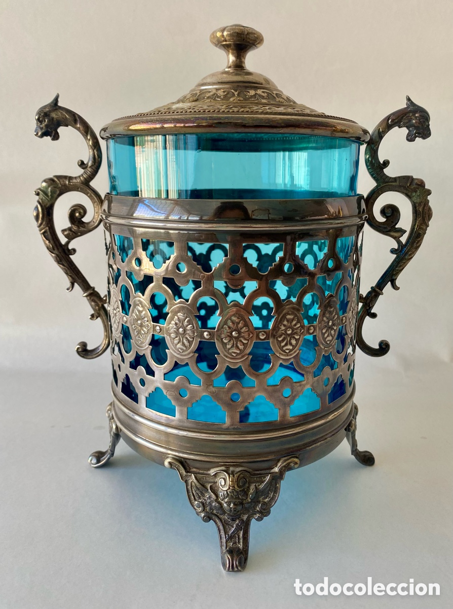 Antig&uuml;edades: Galletera bombonera Art Nouveau modernista metal plateado alem&aacute;n WMF M y cristal azul