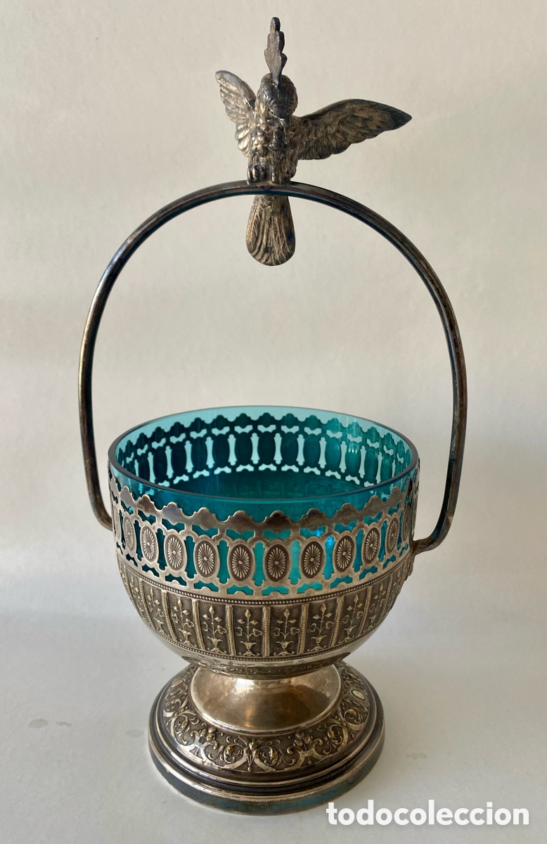 Antig&uuml;edades: caramelera o centro de mesa antiguo de estilo Art Nouveau WFM Alemania metal plateado y Cristal azul