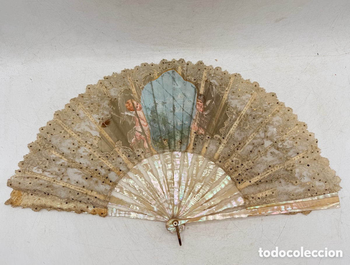 Antig&uuml;edades: Antiguo Abanico de Hueso y N&aacute;car Pintado Siglo XIX
