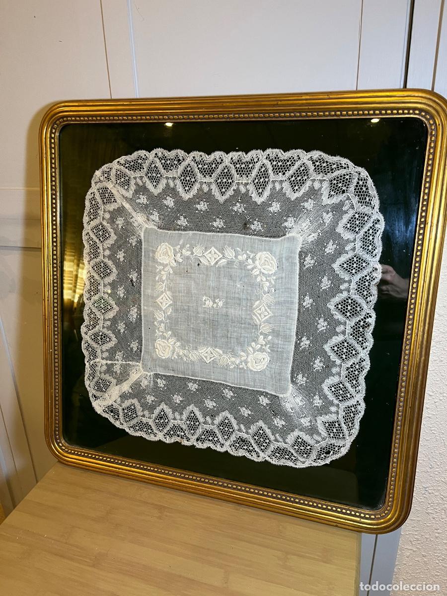 Antiques: Pa&ntilde;uelo encaje bolillos antiguo enmarcado bordado mano vintage cuadro textil decoraci&oacute;n cl&aacute;sica
