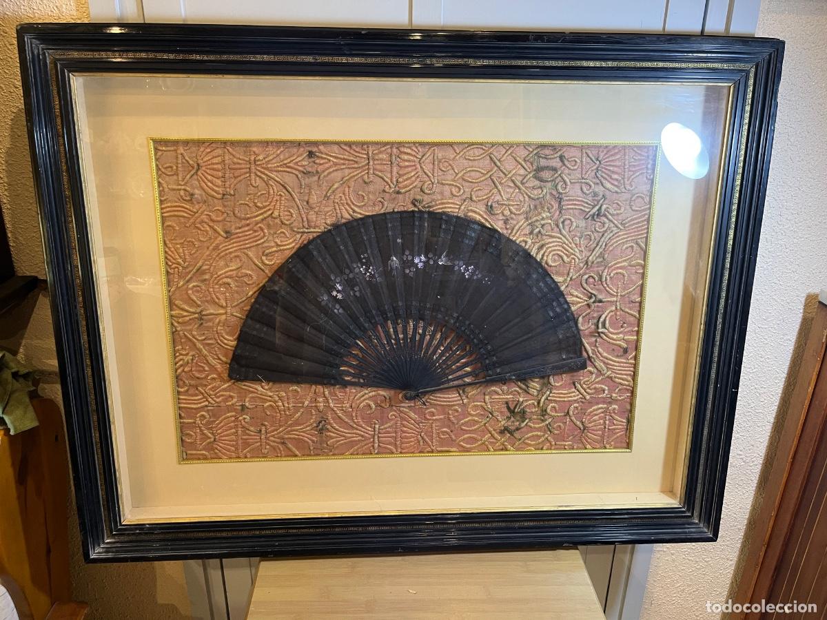 Antiques: Abanico antiguo enmarcado abaniquera seda negra floral rom&aacute;ntico XIX decoraci&oacute;n vintage lujo