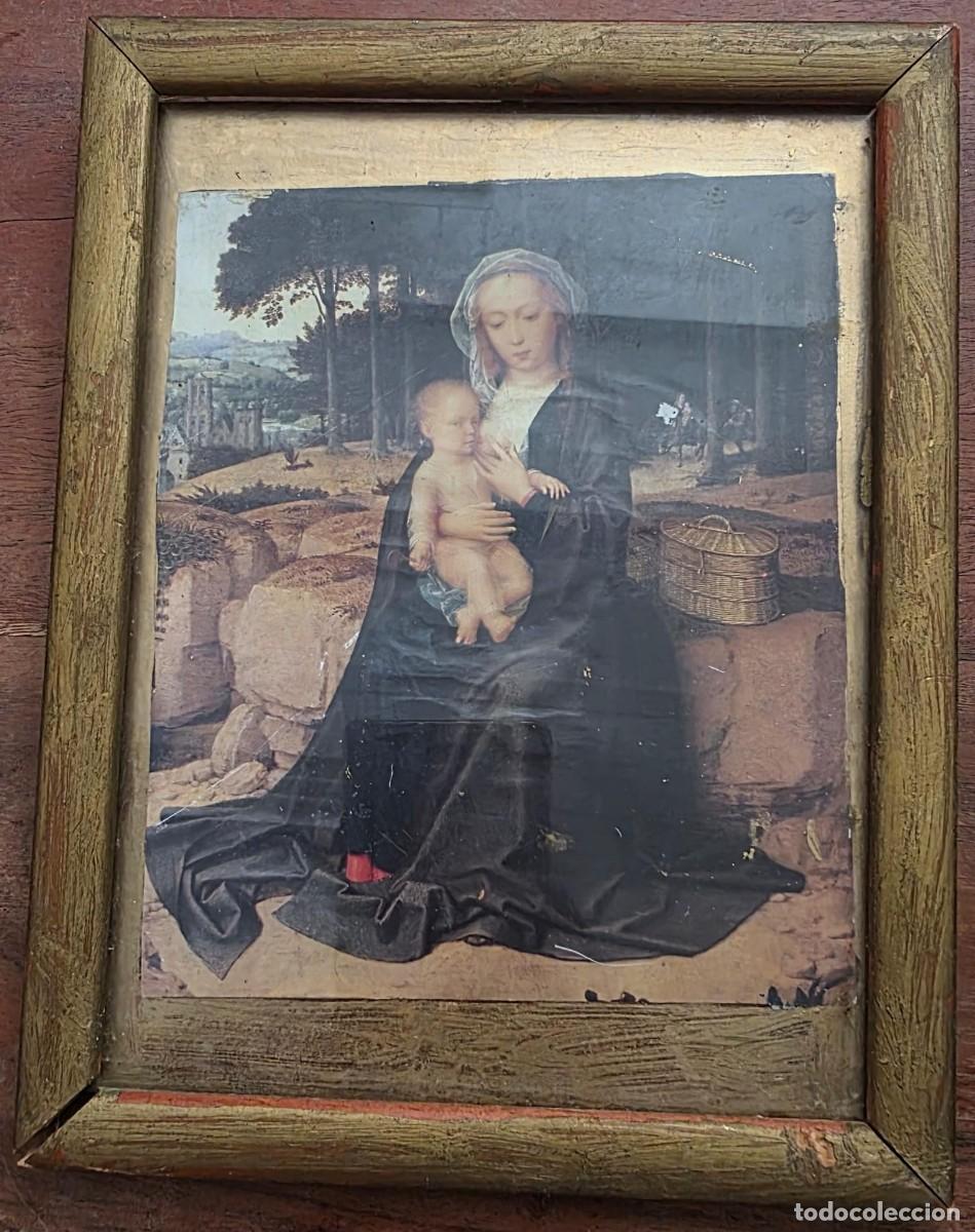 Antig&uuml;edades: Antiguo Cuadro Religioso Virgen con Ni&ntilde;o en Marco de Madera Dorada Vintage 23x18 cm