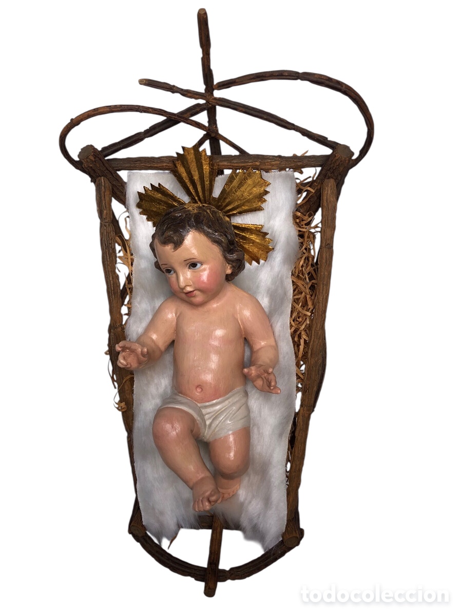 Antig&uuml;edades: Antiguo Ni&ntilde;o Jes&uacute;s de Olot - Taller El Renacimiento - 30 cm - Ojos de Cristal y Cuna Original