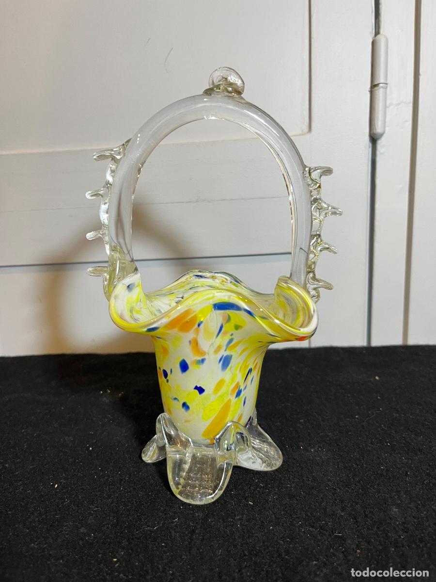 Antiquit&eacute;s: Cesta cristal Murano millefiori vintage Fratelli Toso centro mesa vidrio italiano