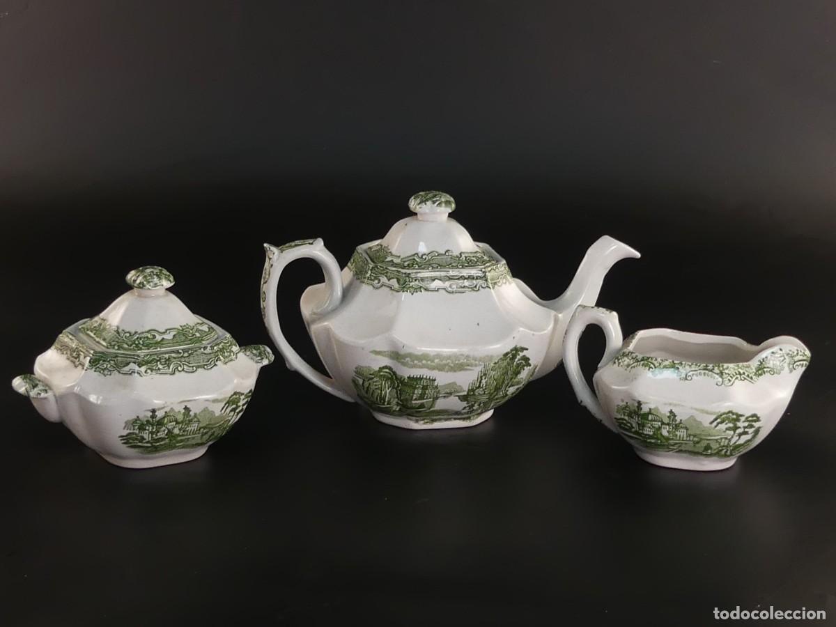Antiquit&eacute;s: JUEGO DE LECHERA AZUCARERO Y TETERA DE PORCELANA LA CARTUJA PICKMAN SEVILLA